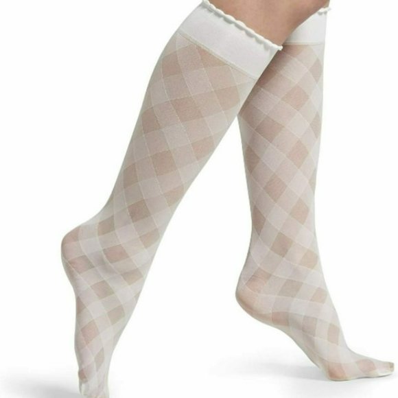 HUE Accessories - HUE Diagonal Gingham Sheer Fashion Knee Hi Socks One Size White